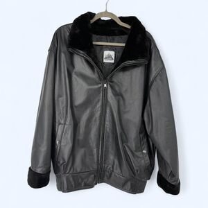 Black Leather Bomber Jacket Faux Fur Collar Aviator Oversized Coat c. 1994-1998